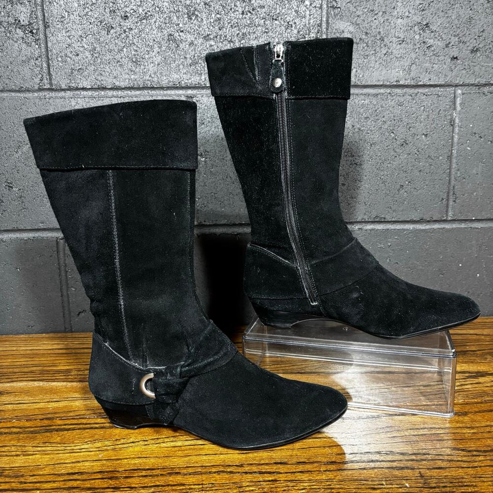 Connie Women’s Black Mid Calf Boots Suede Leather Kitten Heel Zip Size 9